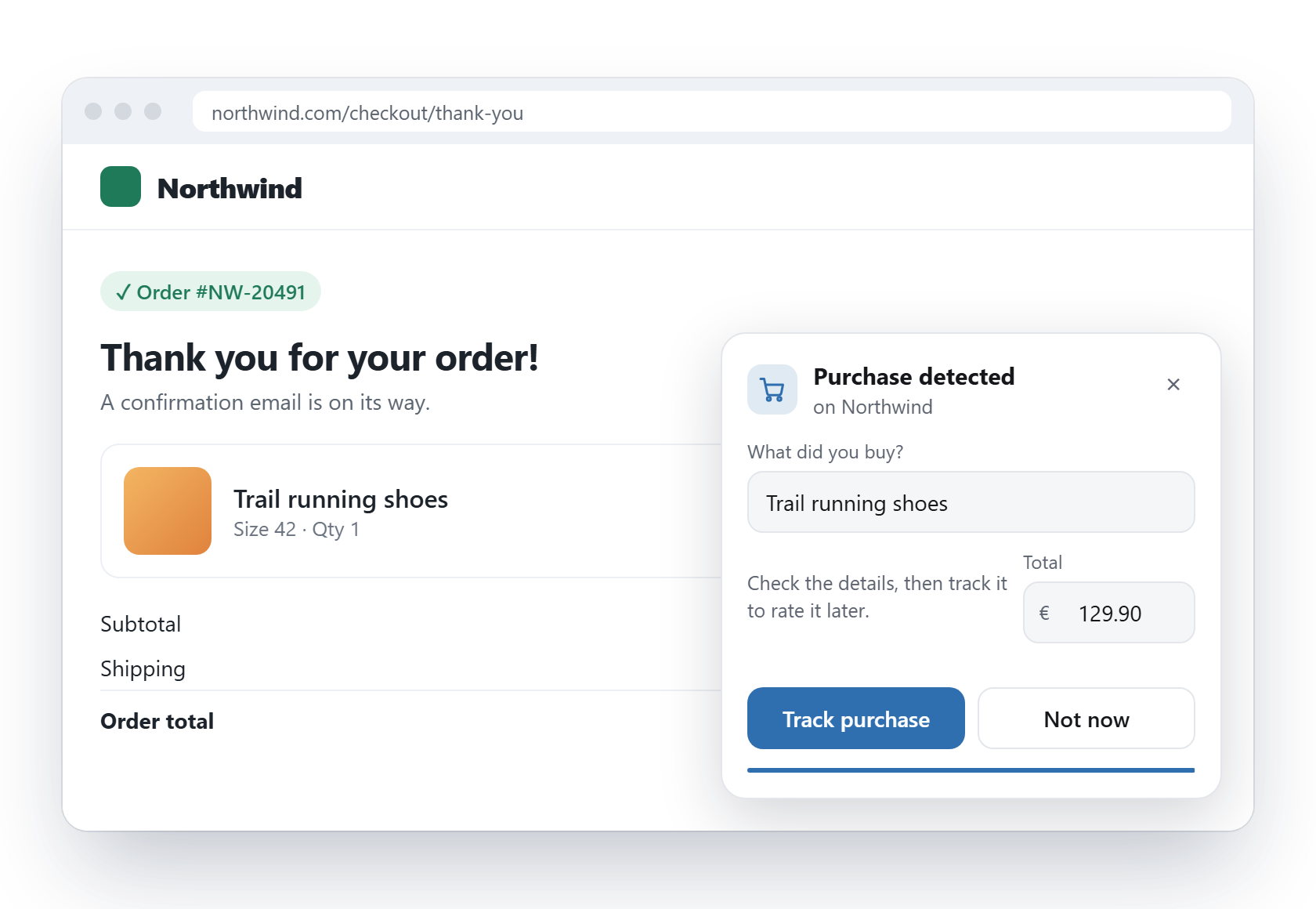 A store's order confirmation page with the SpendSense “Purchase detected” card pre-filled with Trail running shoes, €129.90