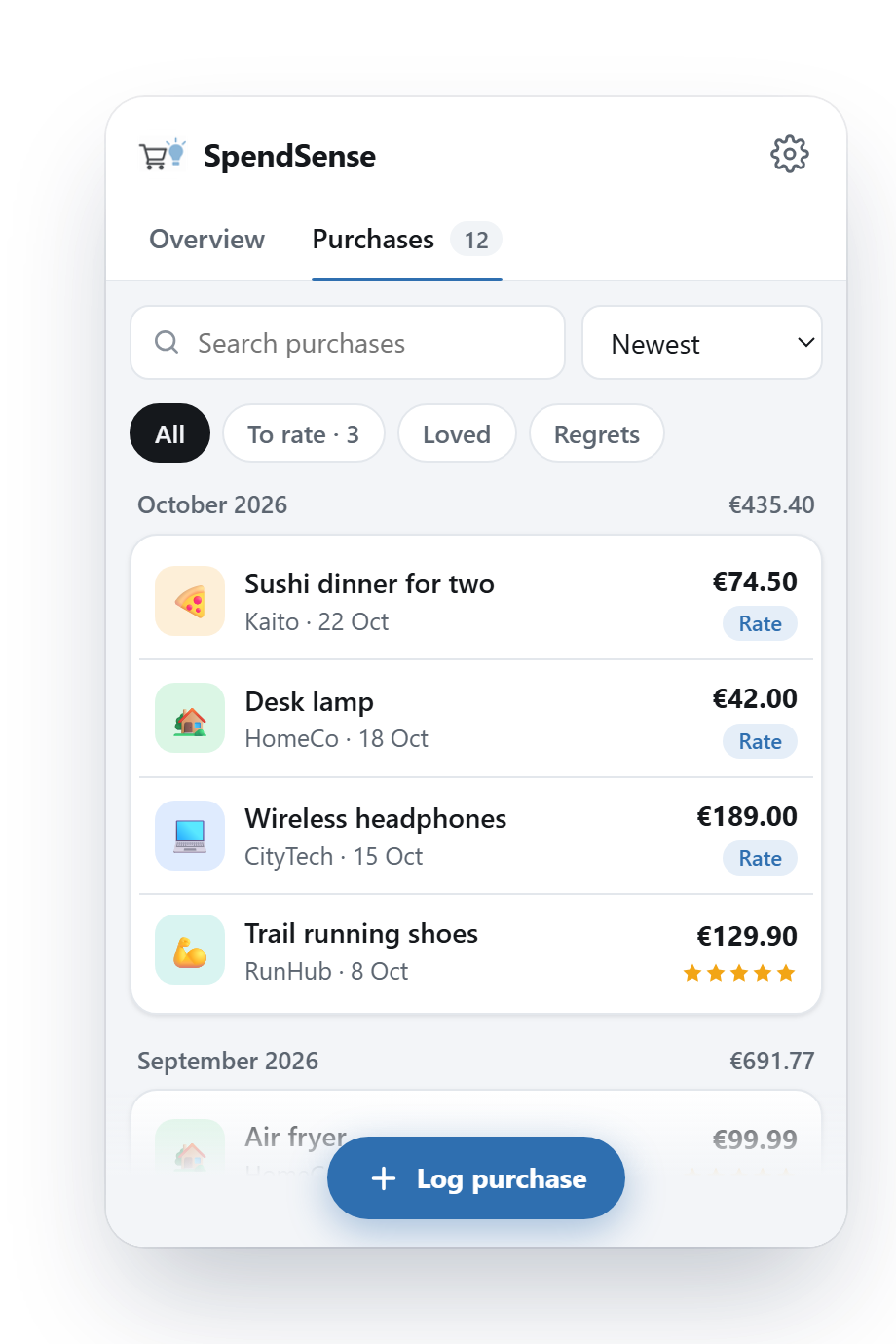 The purchase list grouped by month, with search, filters and ratings