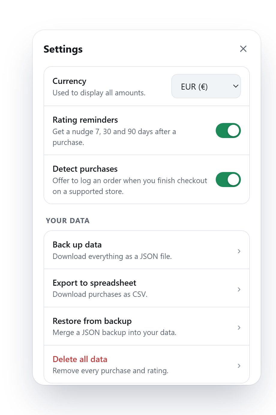 SpendSense settings: currency, reminders, purchase detection, backup and export